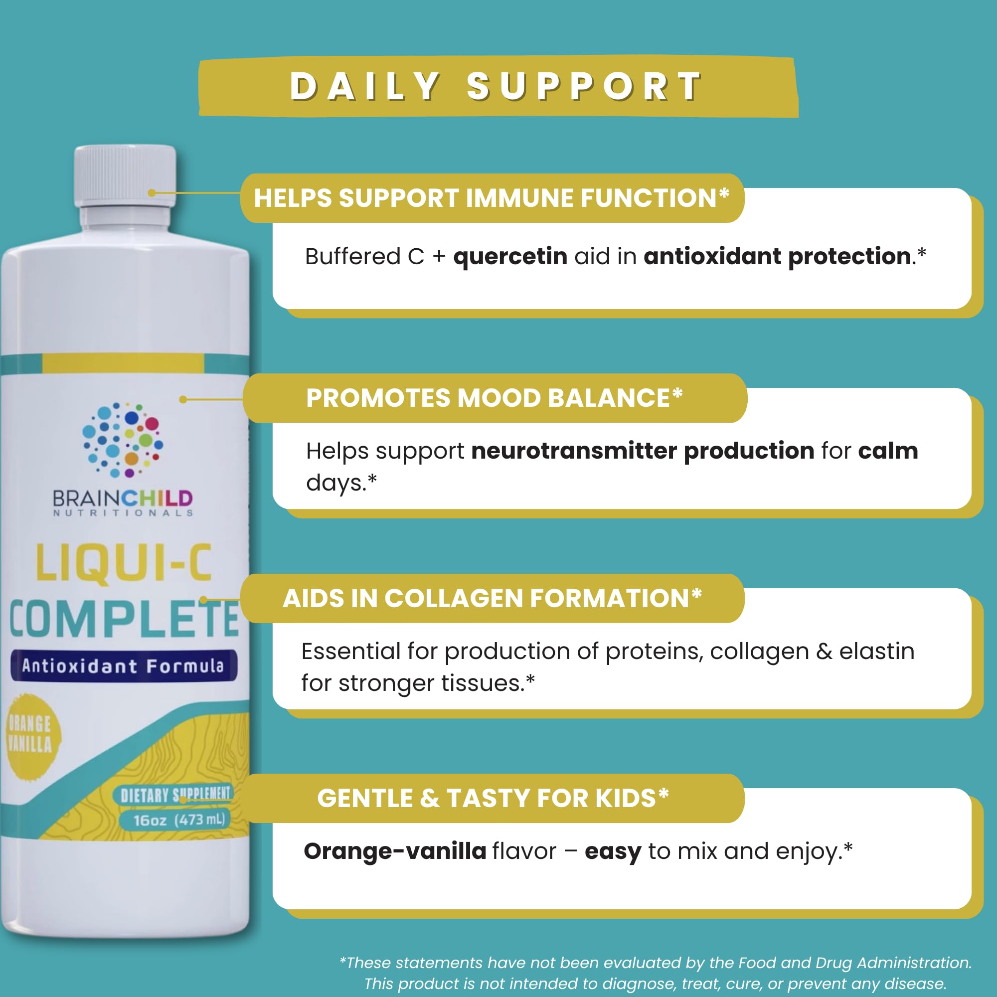 BrainChild Liqui-C gluten-free-formula suitable for gluten-sensitive diets.