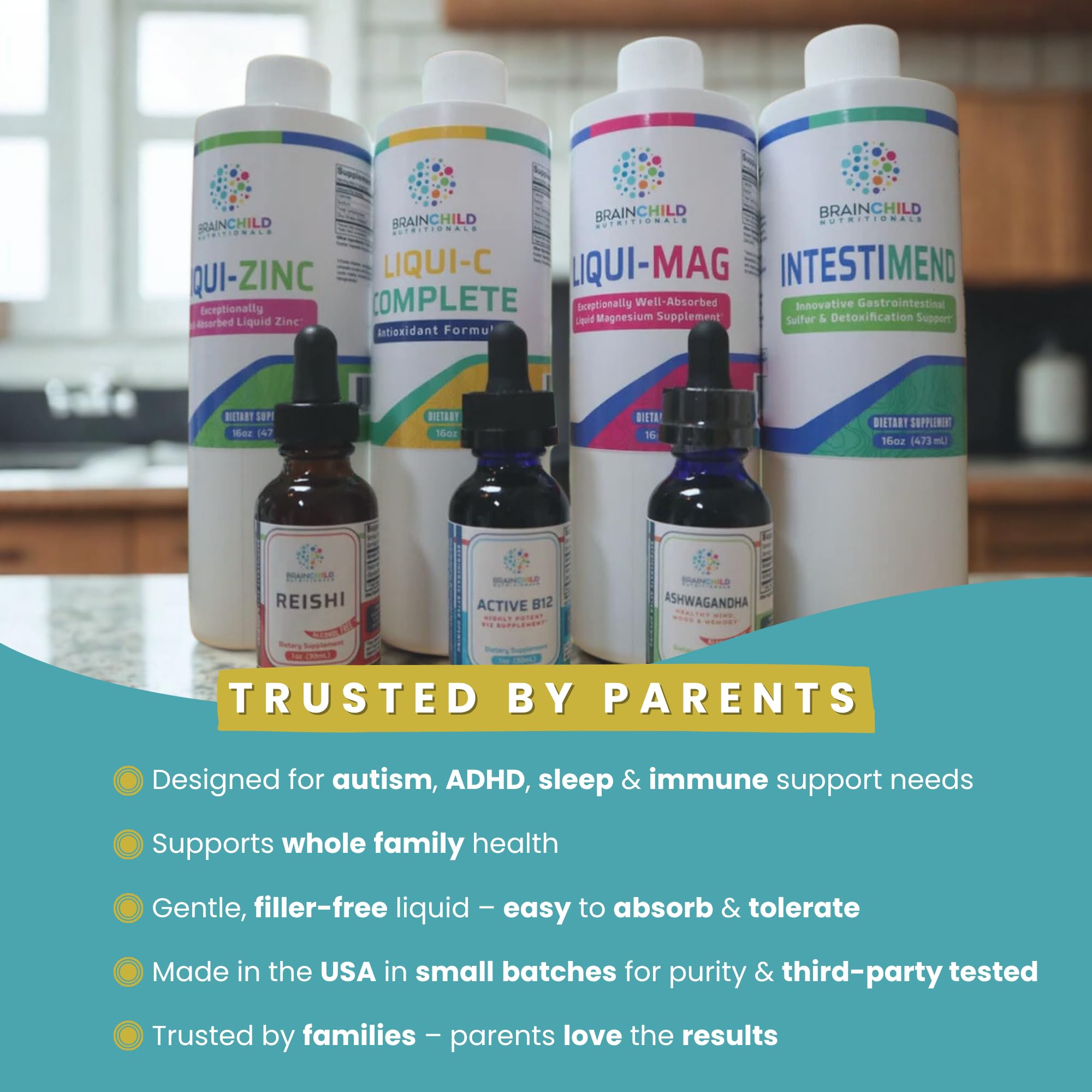 BrainChild Liqui-C kid-friendly-dosing demonstrated for family routines.