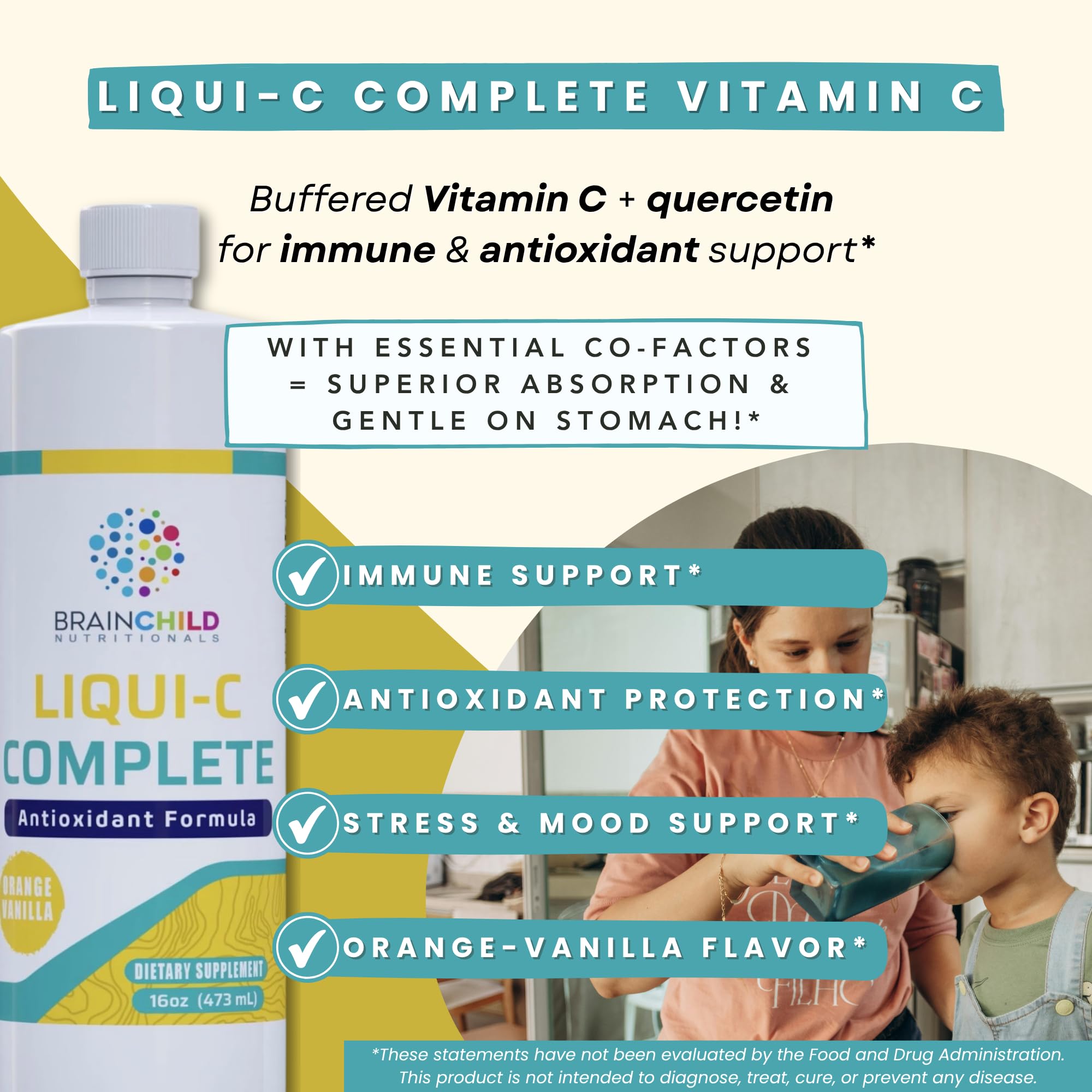 BrainChild Liqui-C label closeup highlighting buffered vitamin C and quercetin bioflavonoids.