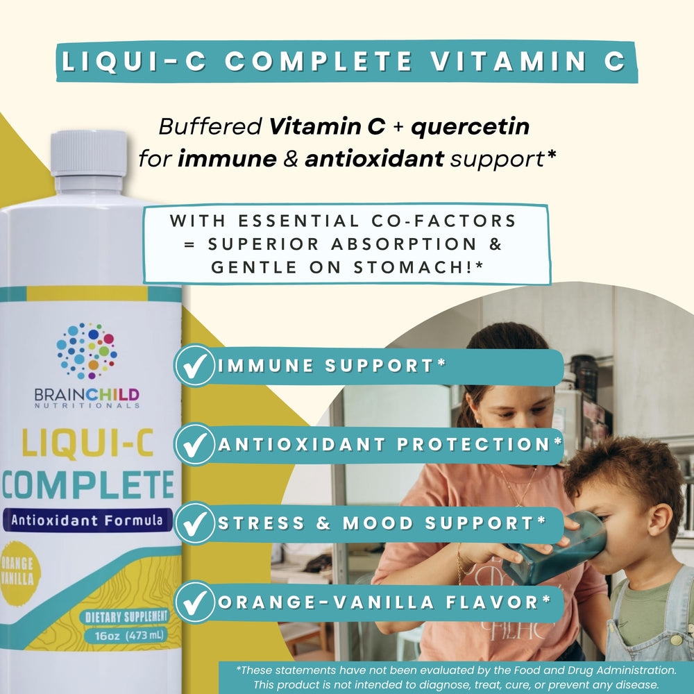 BrainChild Liqui-C label closeup highlighting buffered vitamin C and quercetin bioflavonoids.