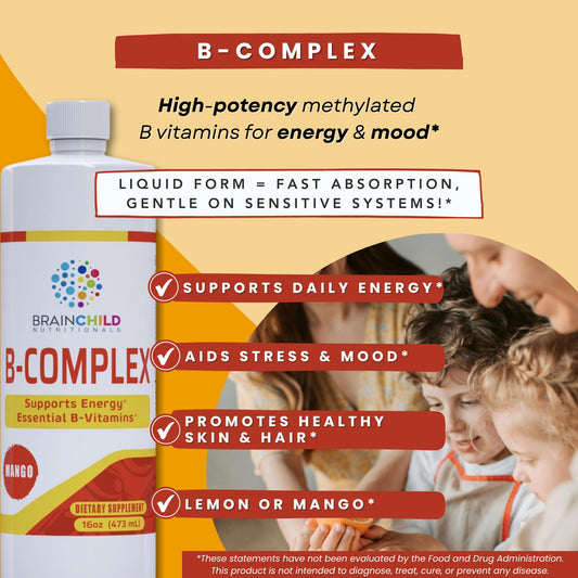 BrainChild Nutritionals B-Complex Liquid dropper dispense enables precise dosing for sensitive users.