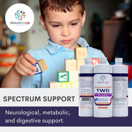 Close-up of BrainChild Spectrum Support II label highlighting P5P and herbal blends for daily balance