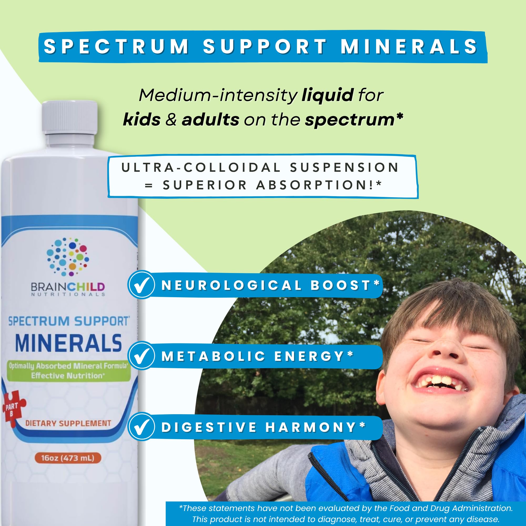 BrainChild Spectrum Support Minerals measuring drops for precise dosing in routines.