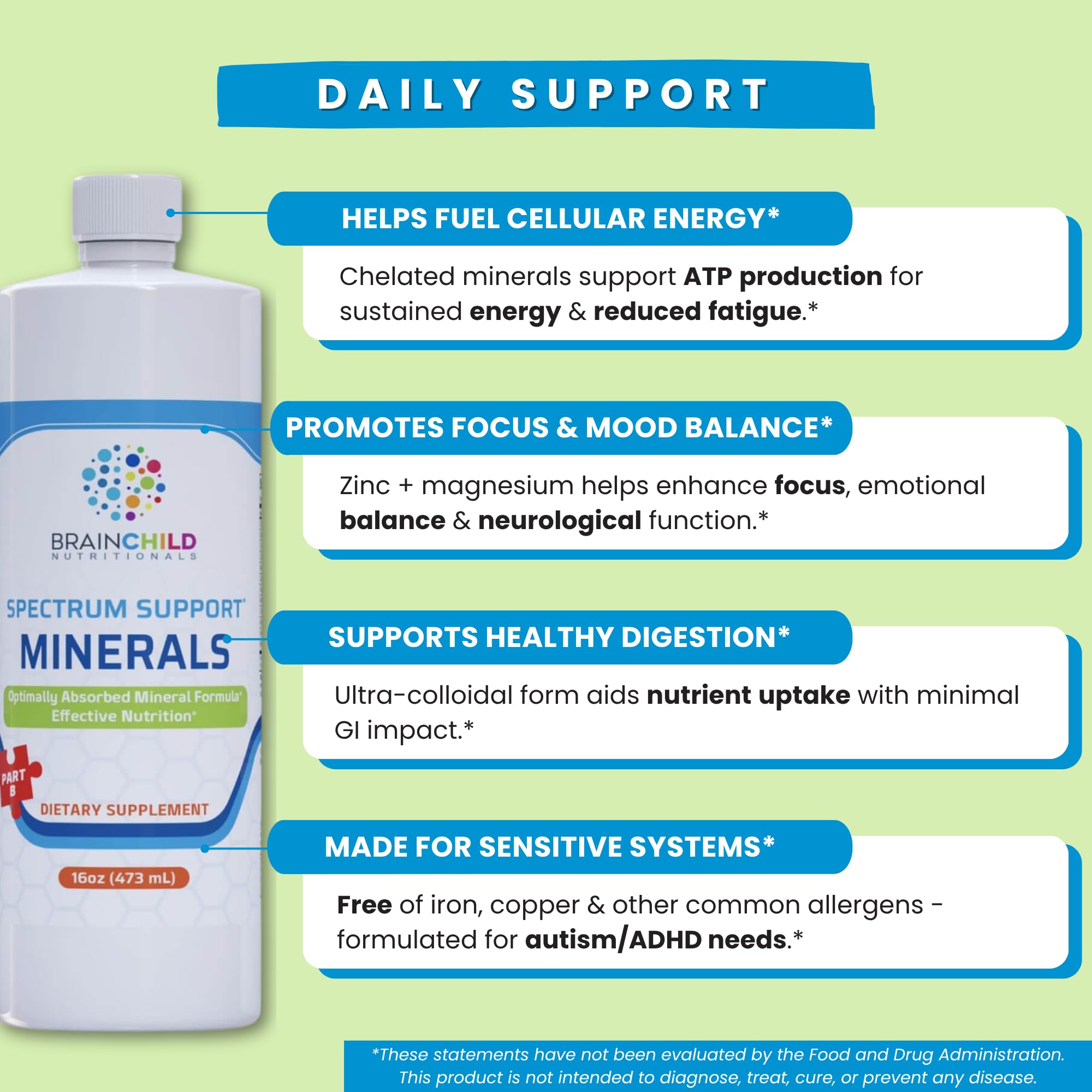 BrainChild Spectrum Support Minerals dosing pipette showing precise measurement for caregivers.