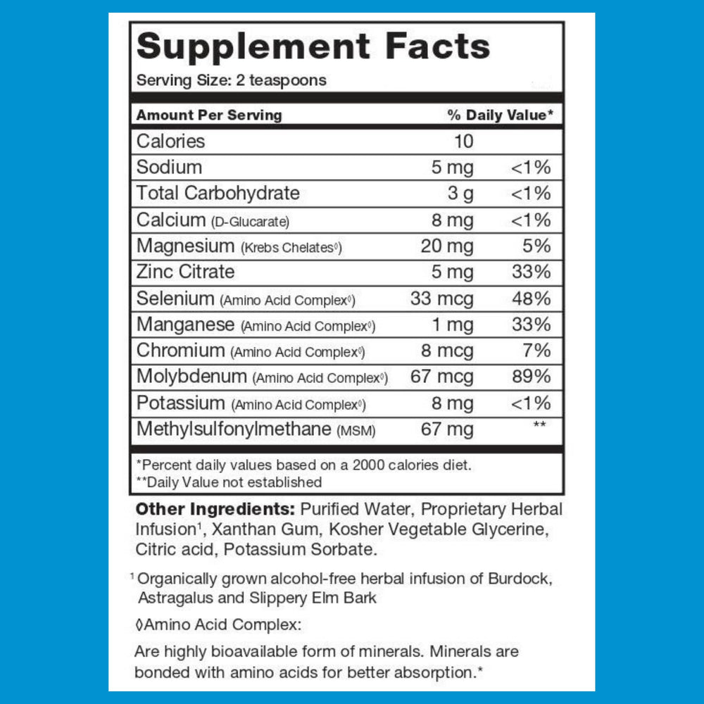 BrainChild Spectrum Support Minerals clear drops ready to mix into water or juice.