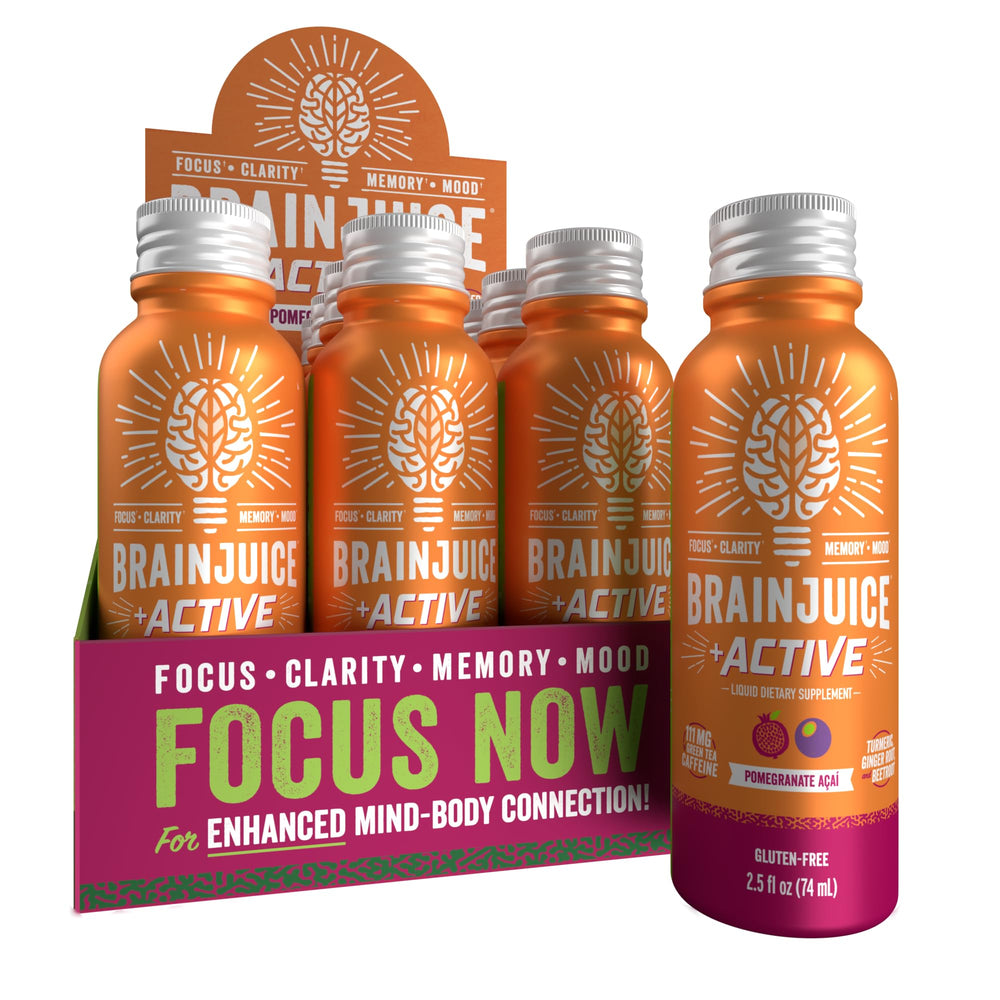 BrainJuice Active bottle packaging shown for on-the-go focus and energy.