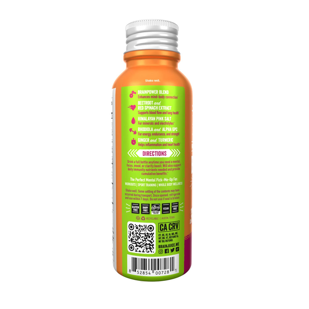 Recyclable aluminum packaging highlights BrainJuice commitment to sustainability.