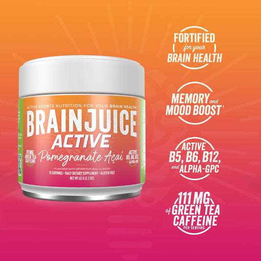 BrainJuice Active Pomegranate Acai dissolving into water to create a refreshing focus drink.
