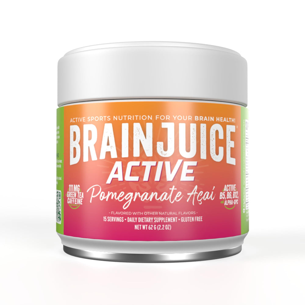 BrainJuice Active Pomegranate Acai tub front for convenient daily focus powder.
