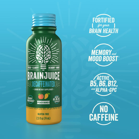 BrainJuice shot highlights alpha-GPC and B vitamins for sharper focus and mood.