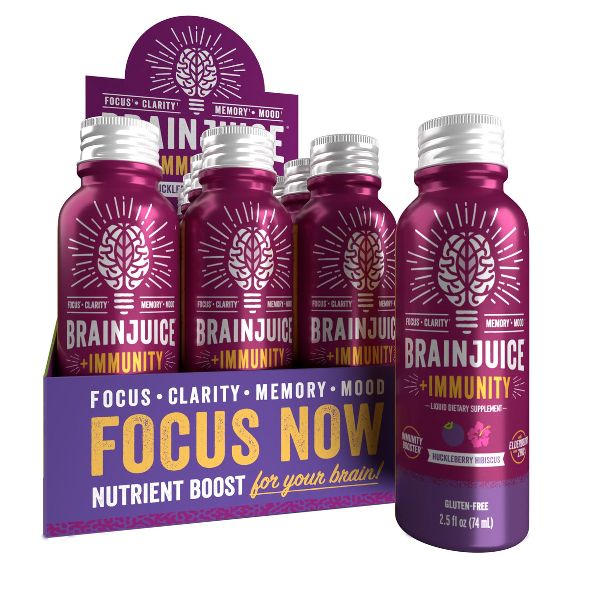 BrainJuice Brain & Immune Shot bottle front for quick energy and focus on the go