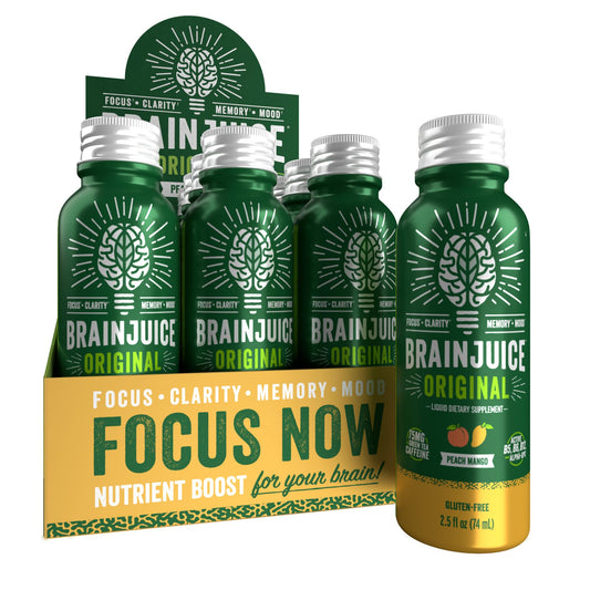 BrainJuice Peach Mango bottle ready-to-drink shot for quick focus
