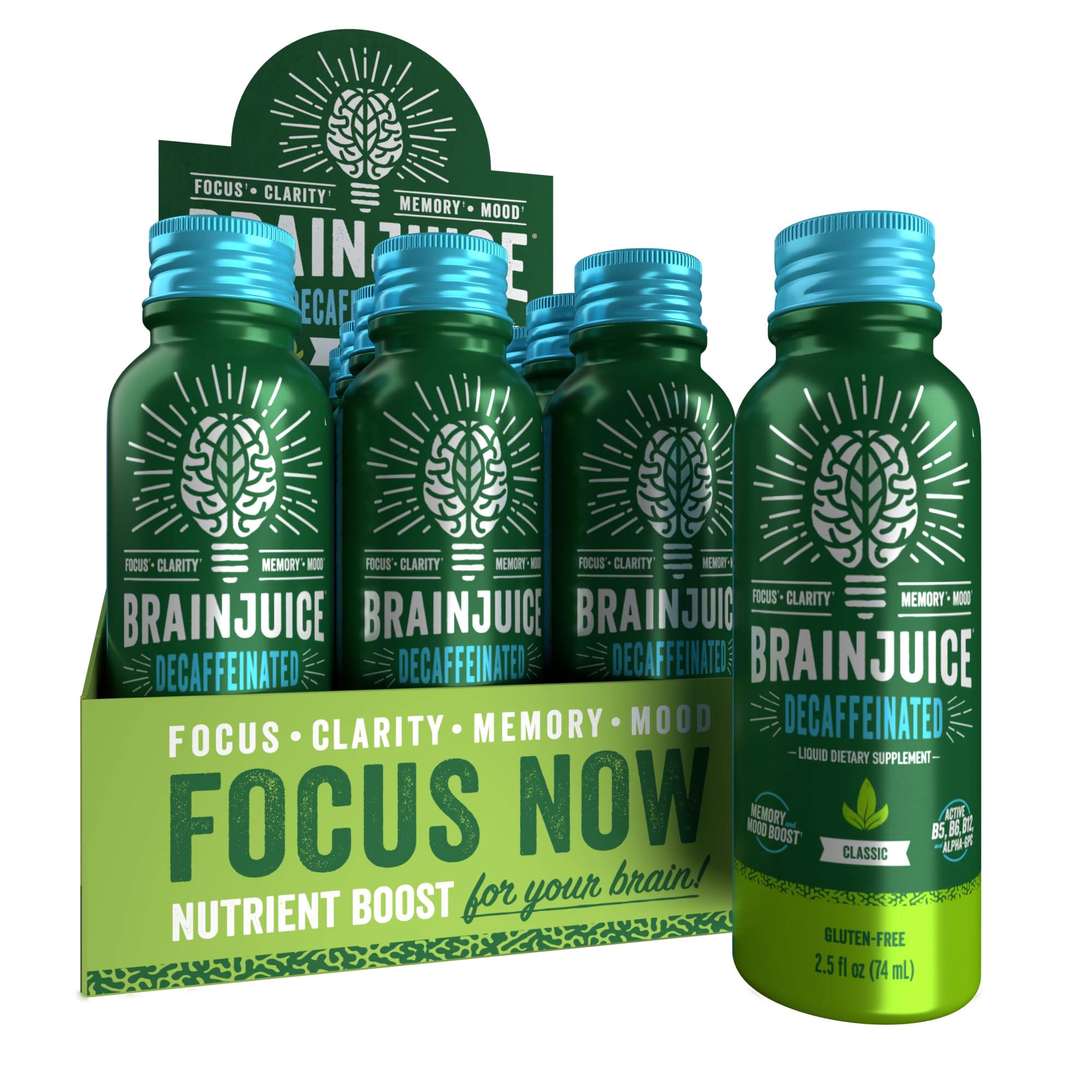 BrainJuice Decaf Brain Shot bottle with berry flavor supports focused moments.