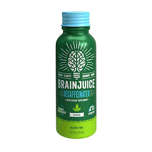 BrainJuice Decaf Brain Shot label highlights clean, gluten-free ingredients.