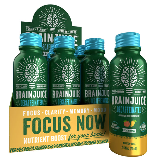 BrainJuice decaf brain-support shot bottle in peach mango for a caffeine-free focus boost.