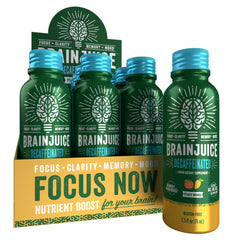 BrainJuice decaf brain-support shot bottle in peach mango for a caffeine-free focus boost.