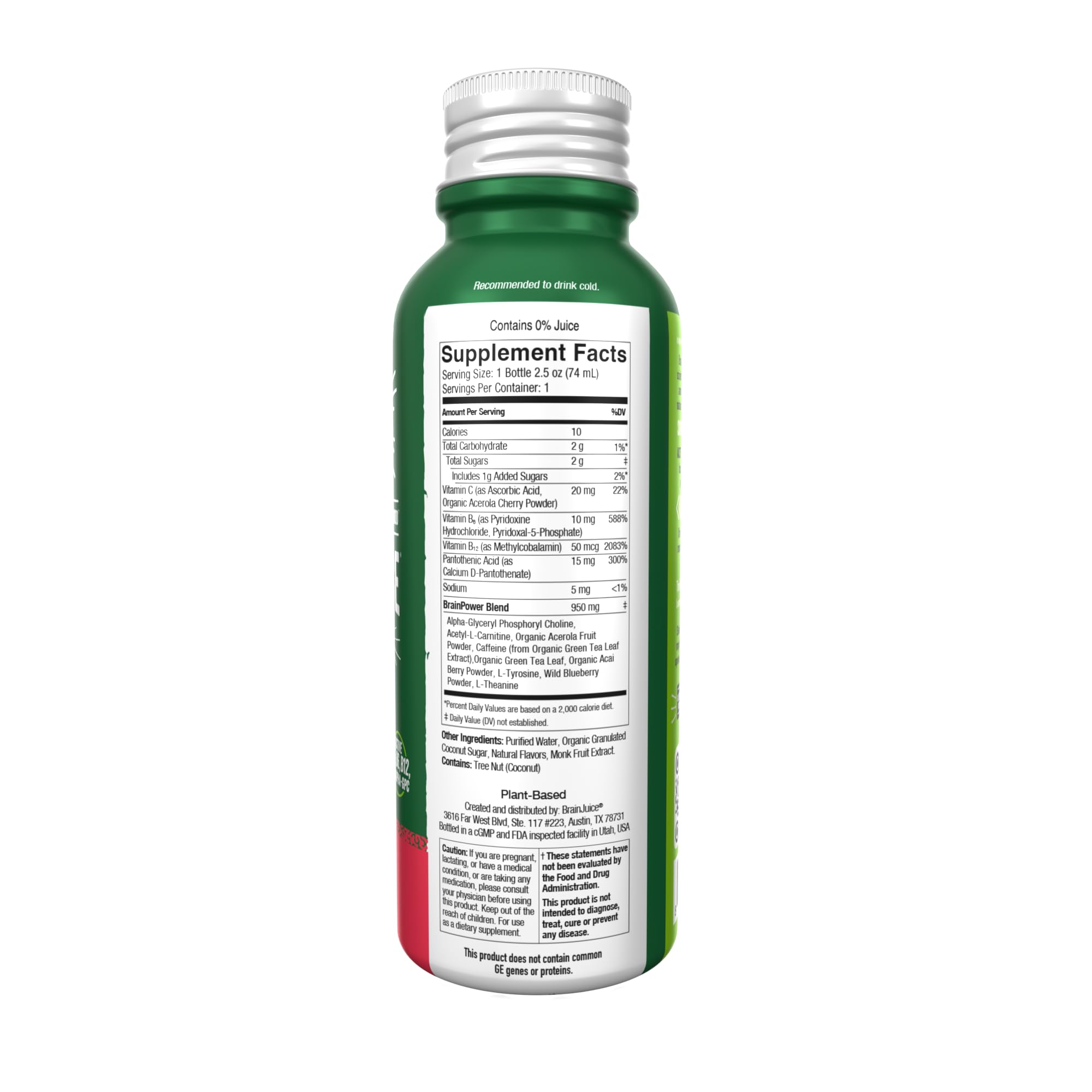 Ingredients label of BrainJuice highlighting Alpha-GPC and B vitamins
