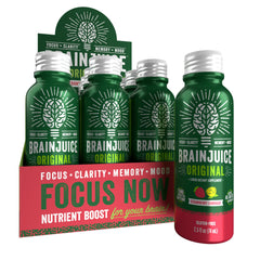 BrainJuice Energy Shot Bottle in Strawberry Lemonade flavor ready to boost focus