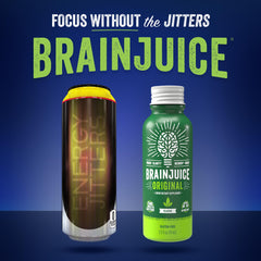 BrainJuice focus-shot-packaging emphasizes recyclable aluminum design.