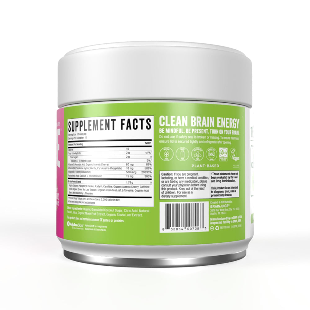 BrainJuice gluten-free dairy-free label signals clean, safe nutrition.