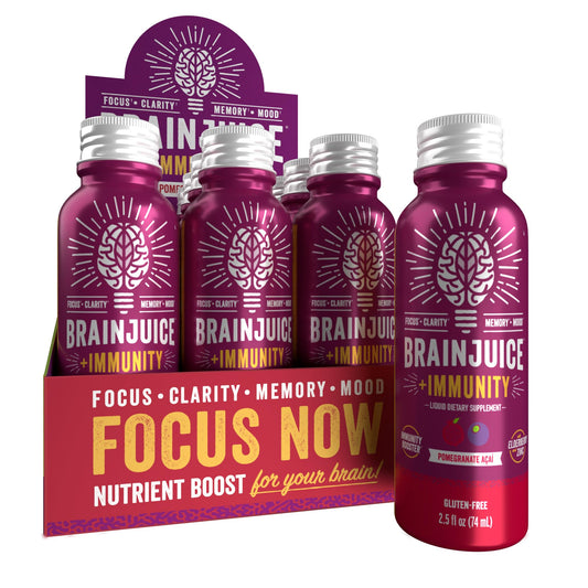 BrainJuice Immunity Shot bottle on a counter for daily brain and immune support.