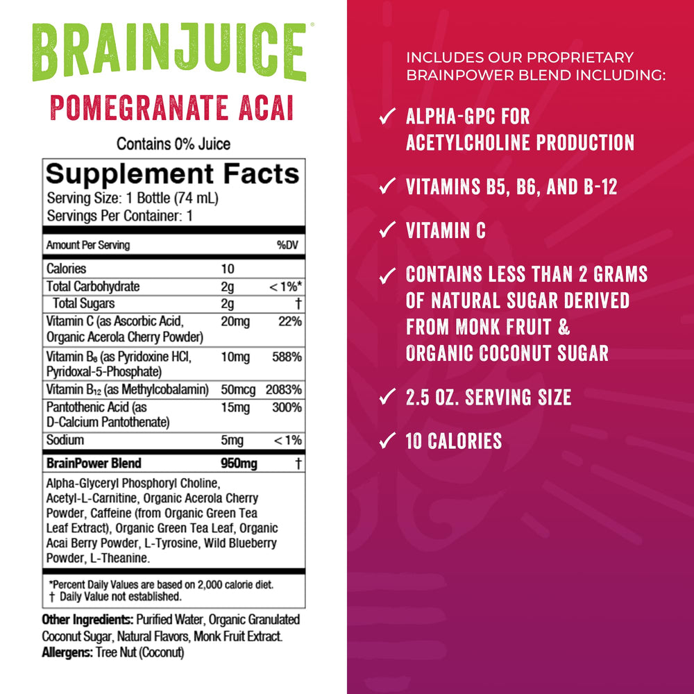 BrainJuice Immunity Shot flavor pomegranate acai for a refreshing wellness moment.