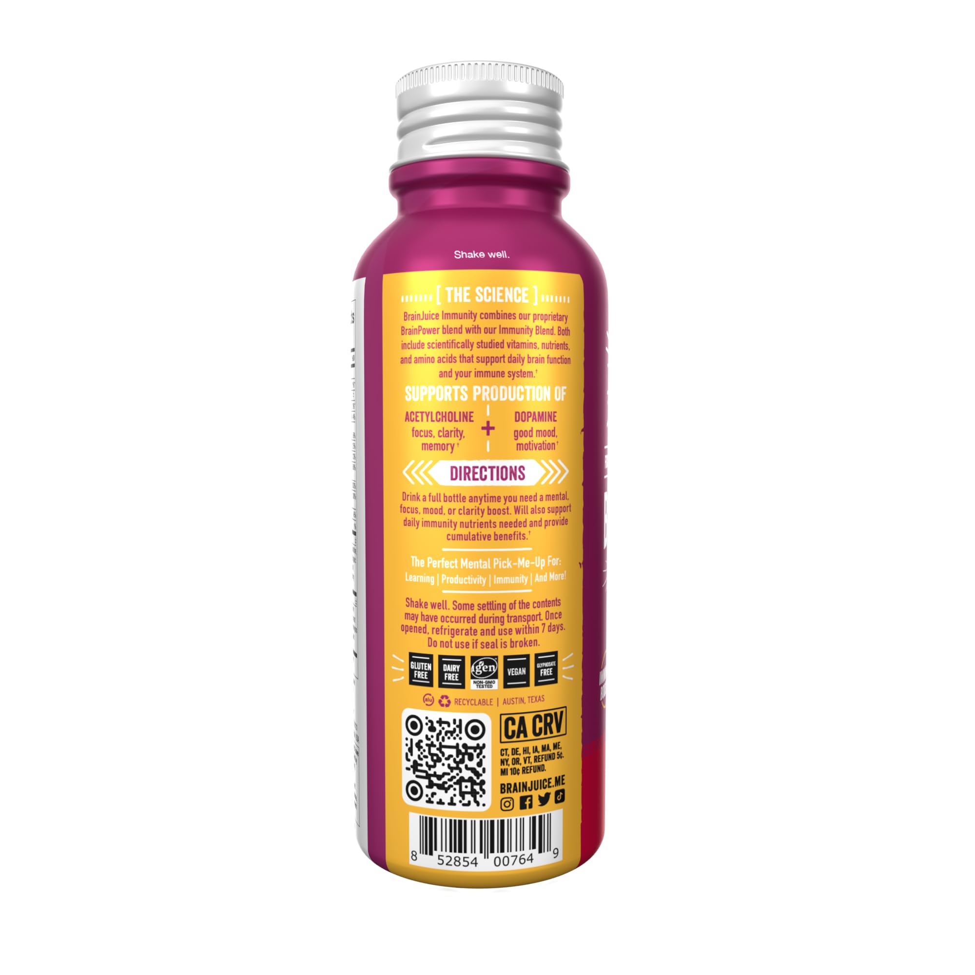 BrainJuice Immunity Shot label highlighting quality and GMP adherence.
