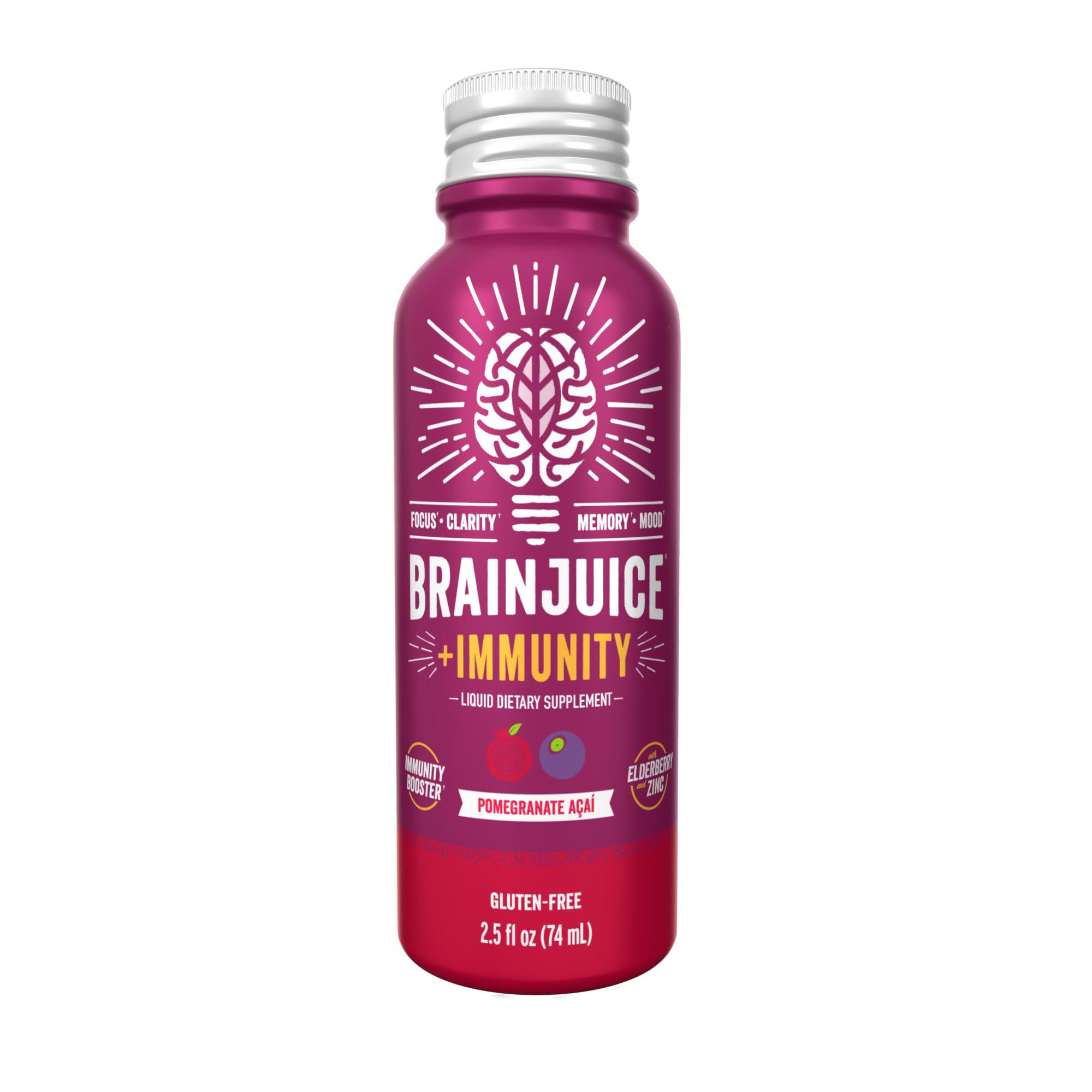 BrainJuice Immunity Shot recyclable aluminum packaging in focus.