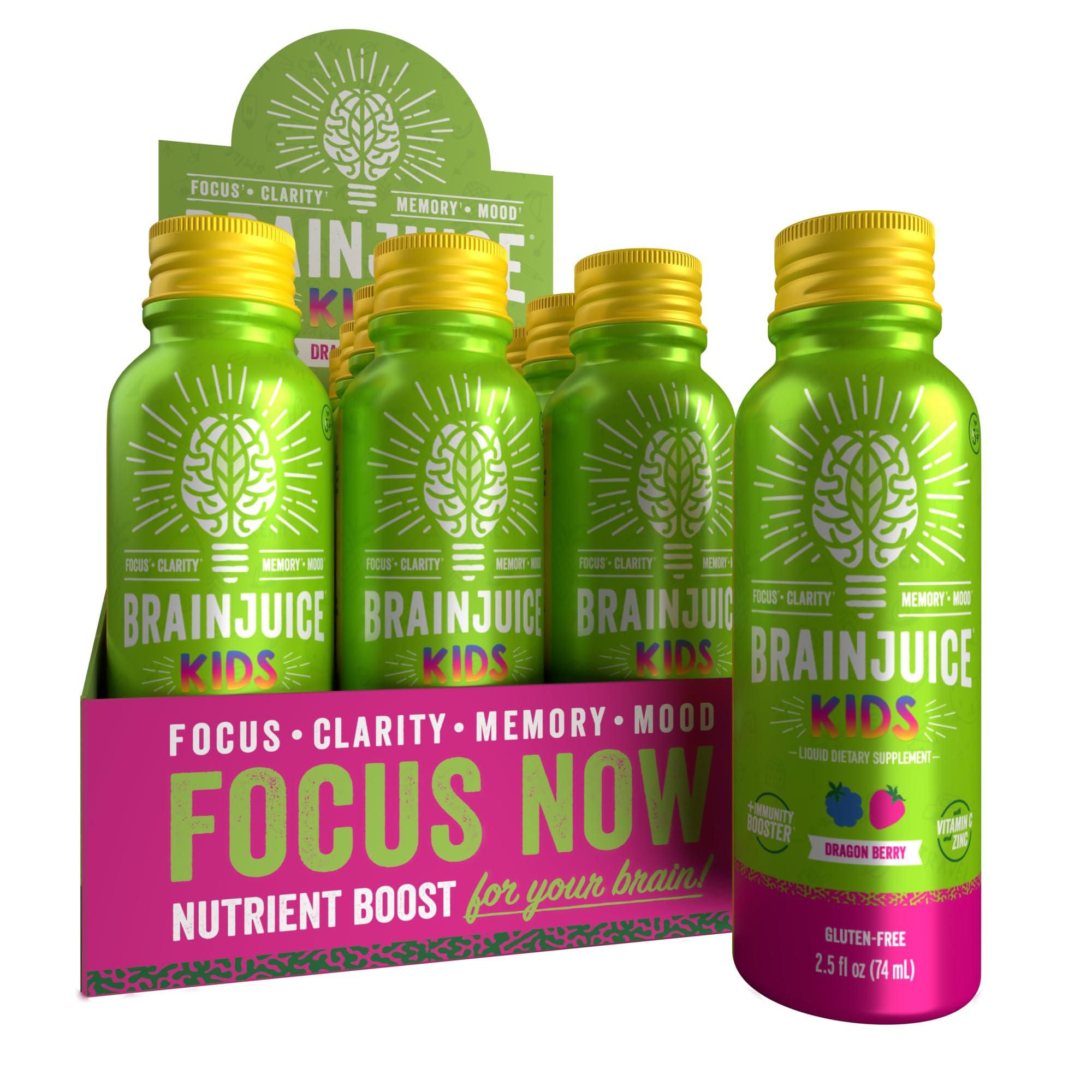 BrainJuice Kids Dragon Berry shot bottle showing focus and immunity benefits