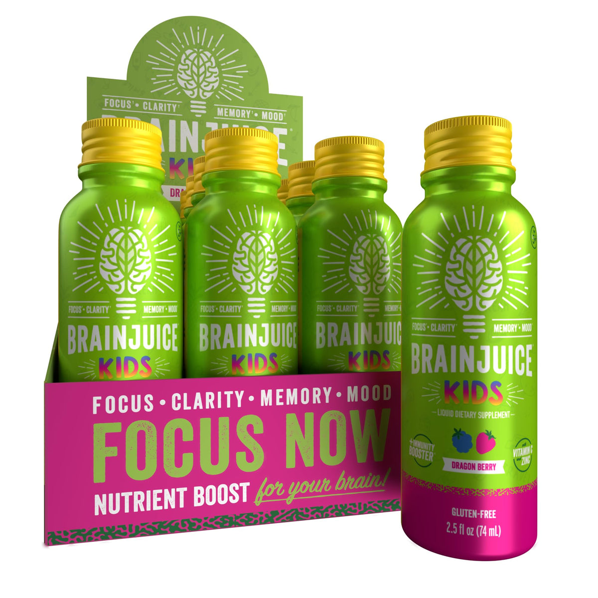BrainJuice Kids Dragon Berry shot bottle showing focus and immunity benefits