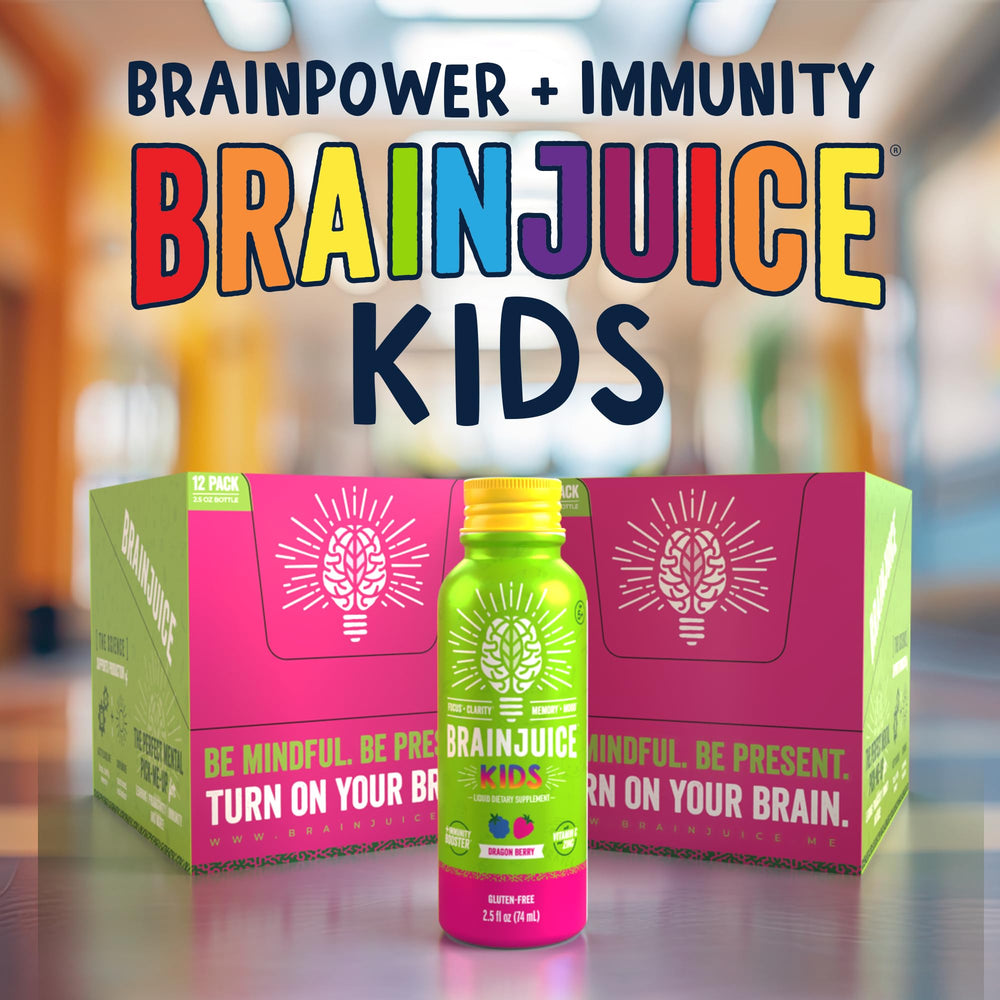 BrainJuice Kids shot being poured for quick energy and focus