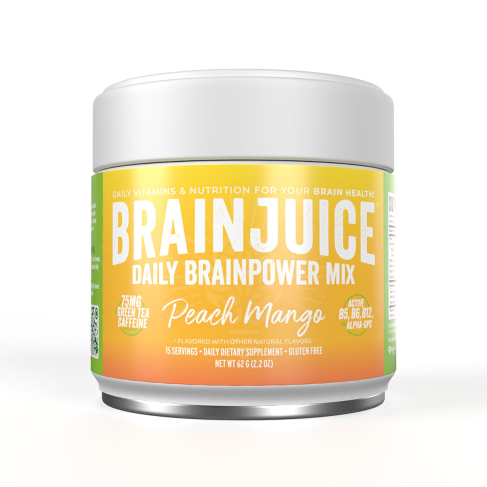 BrainJuice Peach Mango powder with scoop ready to mix for a focused start