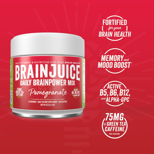 BrainJuice glass with pink drink showing flavorful energy for sustained concentration.