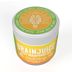BrainJuice ready-to-make mix shown with glass during morning routine