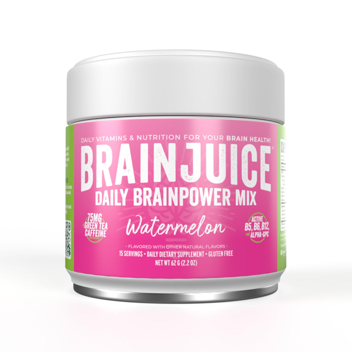 BrainJuice watermelon powder bottle conveys convenient brain support for daily focus and energy.