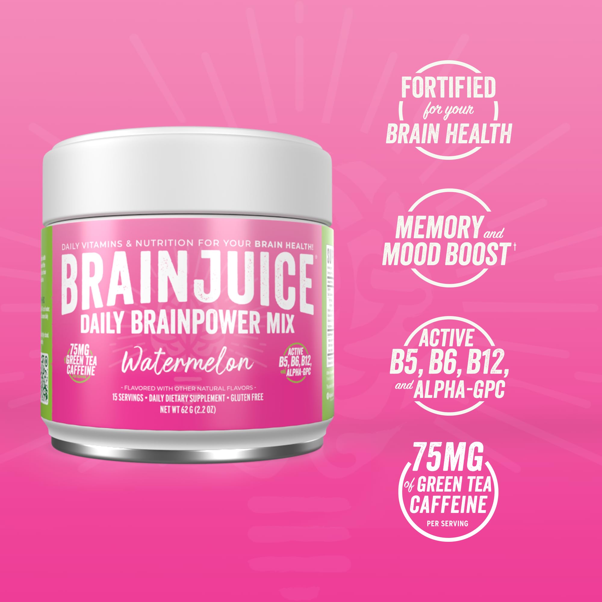 BrainJuice watermelon powder scoop shows easy serving for a quick cognitive boost.