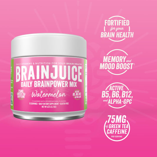 BrainJuice watermelon powder scoop shows easy serving for a quick cognitive boost.