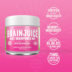 BrainJuice watermelon powder scoop shows easy serving for a quick cognitive boost.
