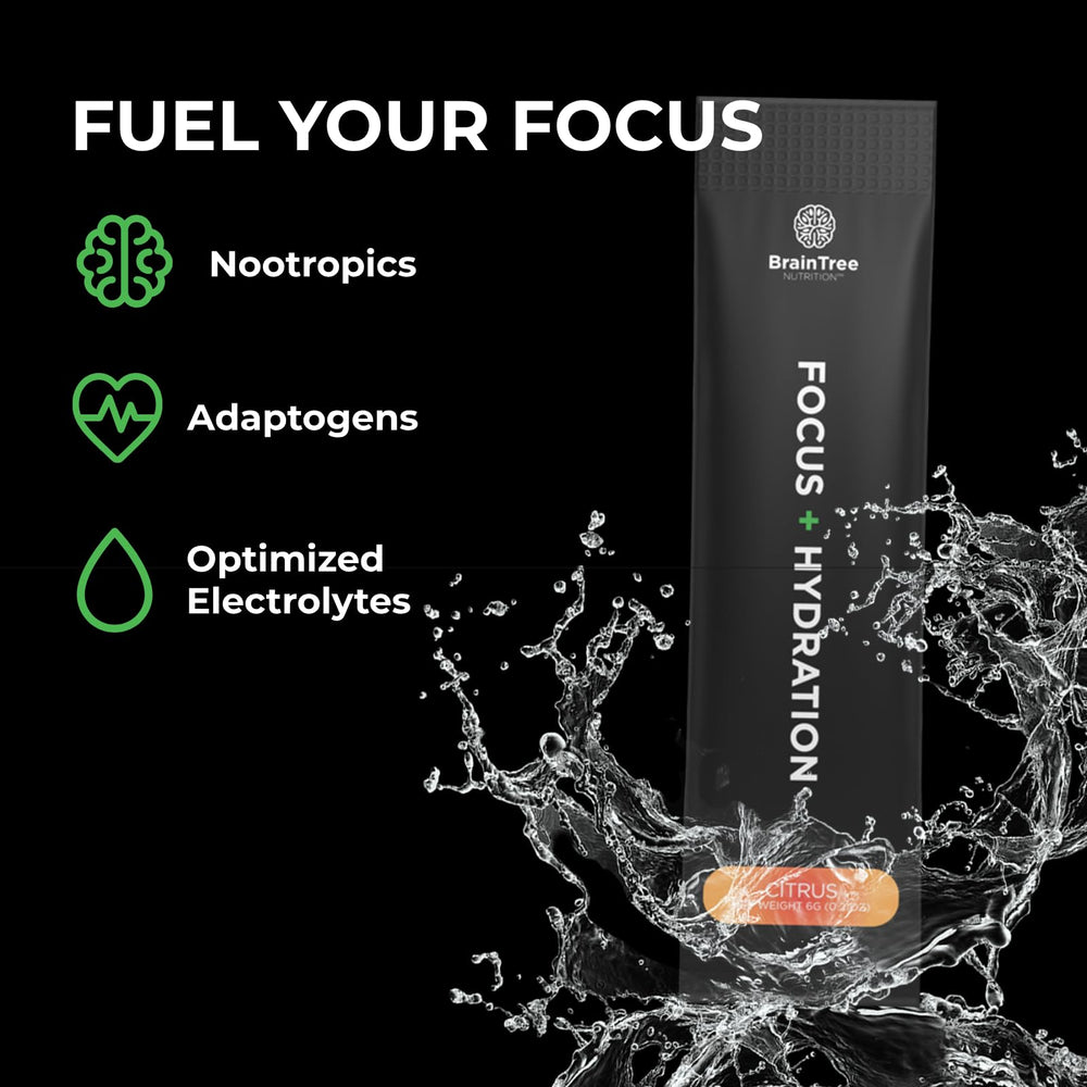 BrainTree electrolyte powder dissolving in water highlights rapid hydration.