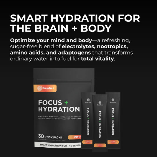 BrainTree Focus + Hydration bottle pouring to show drinkable citrus hydration.