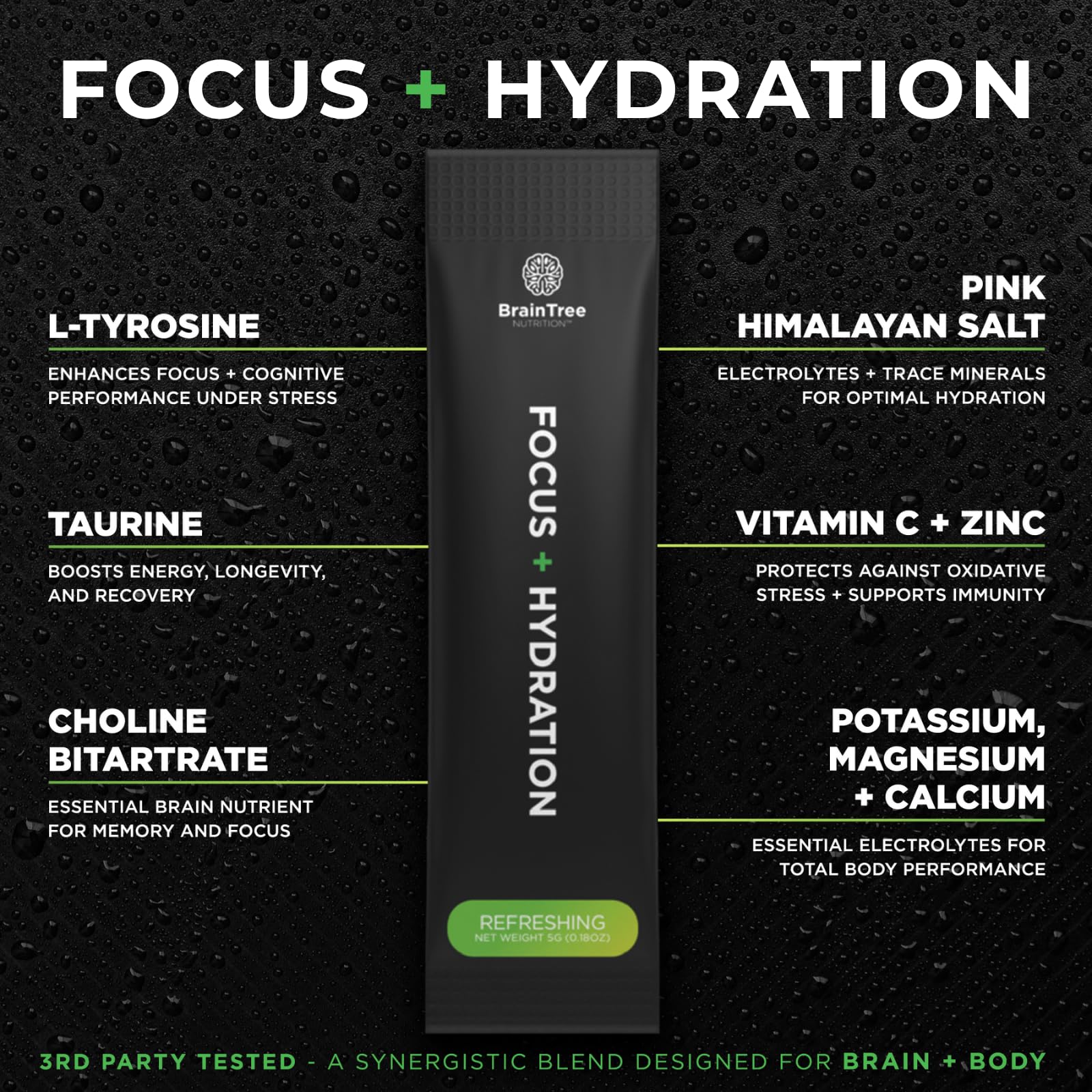 BrainTree Nutrition label overview showing zero sugar and no artificial dyes.