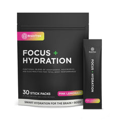 BrainTree Focus Hydration pink lemonade stick poured for refreshing hydration
