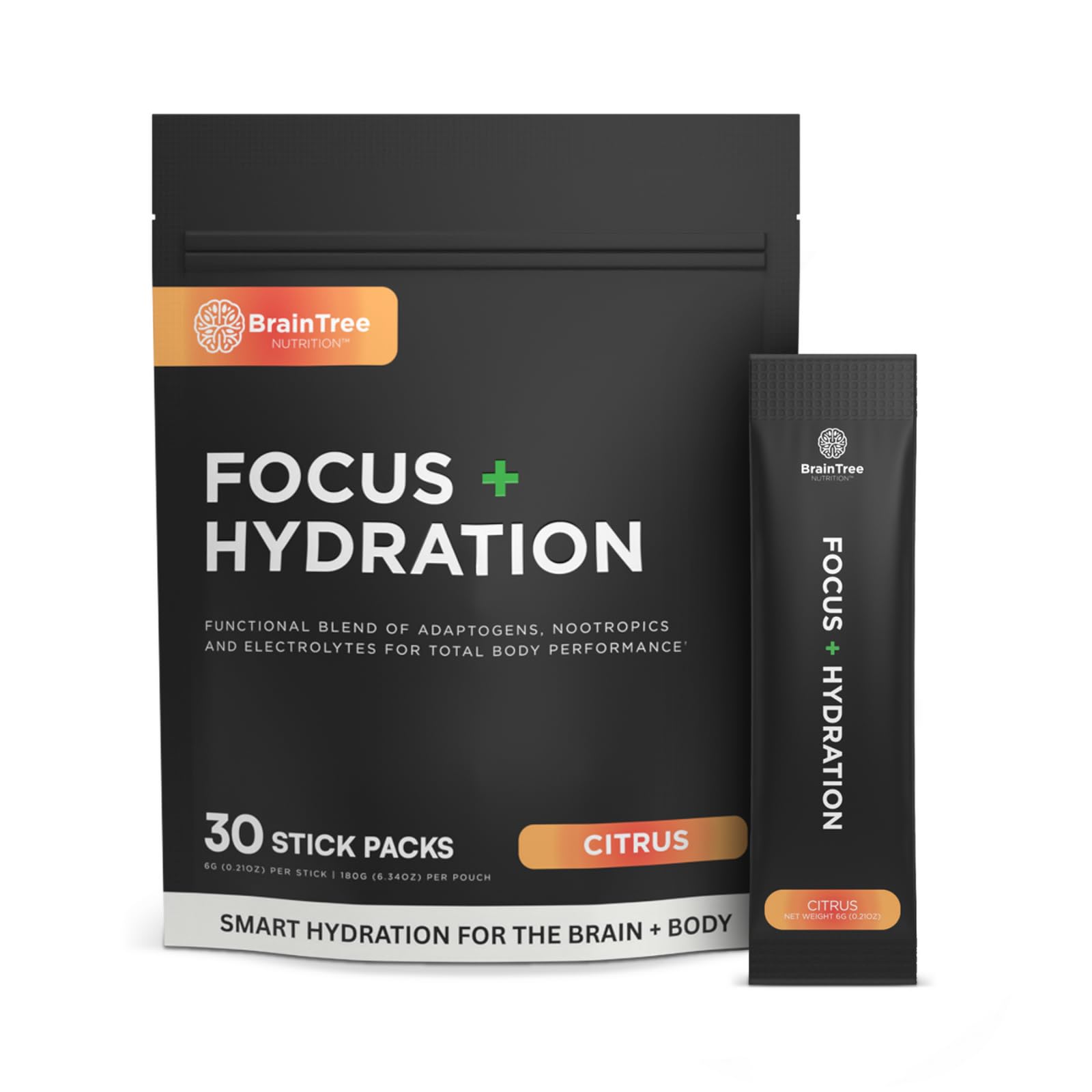 BrainTree Focus + Hydration stick in water for citrus hydration.