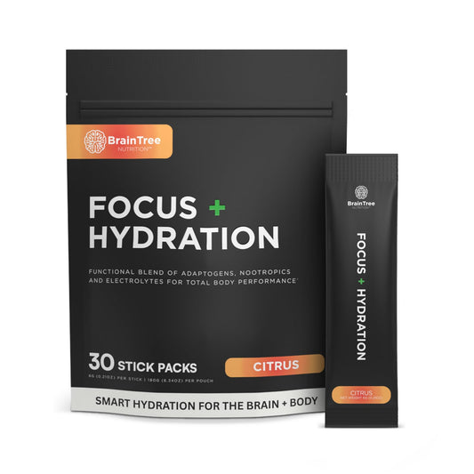 BrainTree Focus + Hydration stick in water for citrus hydration.