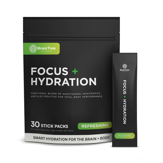 BrainTree Nutrition Focus and Hydration stick pack pouring into water for a sugar-free hydration boost during workouts.