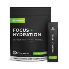 BrainTree Nutrition Focus and Hydration stick pack pouring into water for a sugar-free hydration boost during workouts.