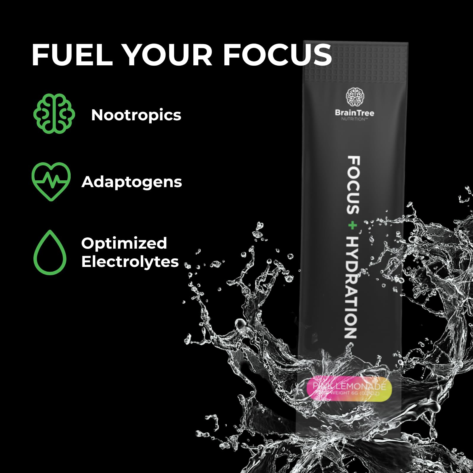 BrainTree Focus Hydration zero-sugar label highlights sugar-free hydration