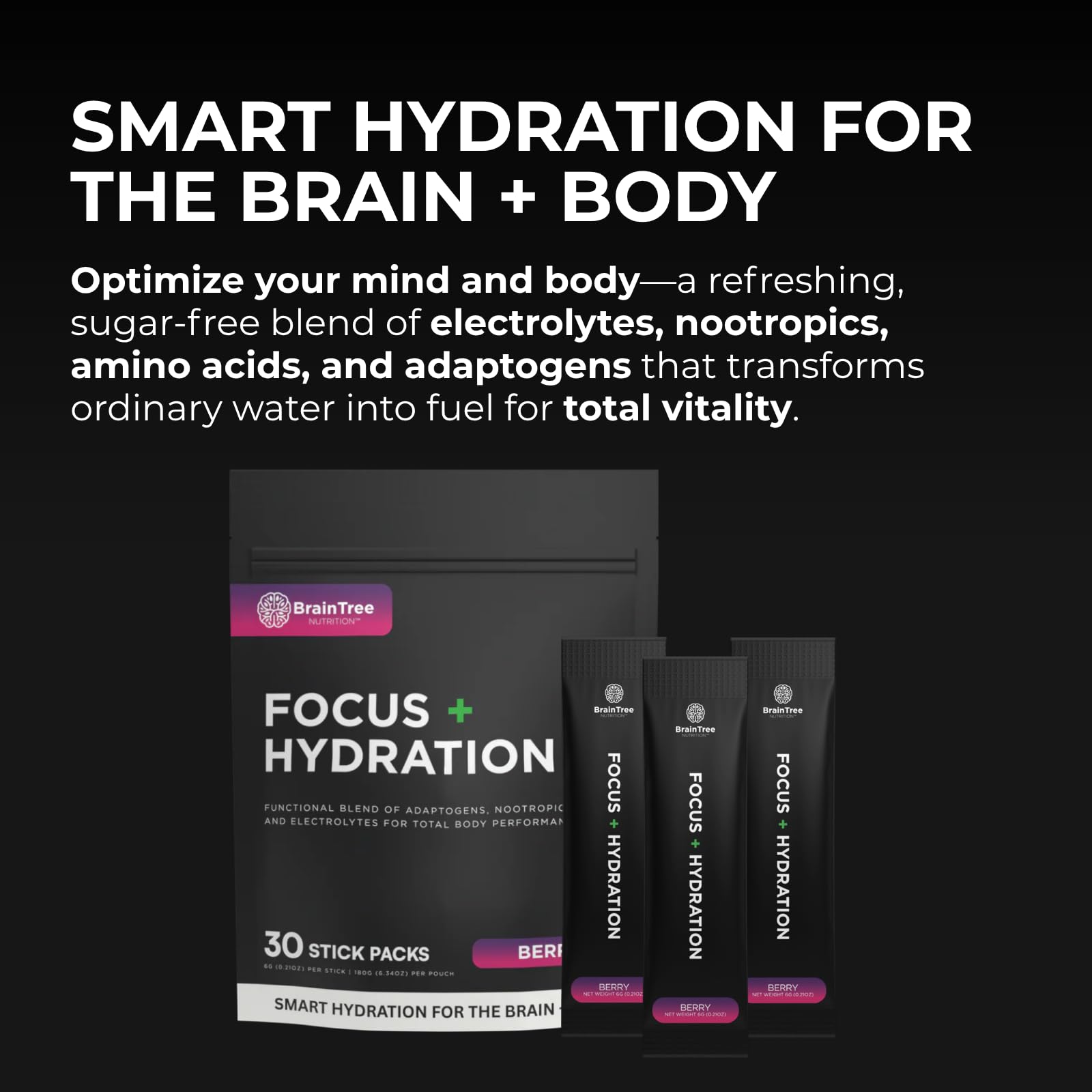 BrainTree Focus + Hydration berry packet dissolving in water for steady hydration