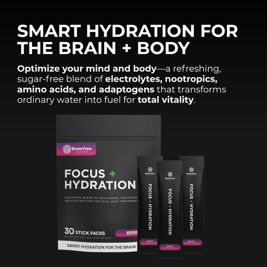 BrainTree Focus + Hydration berry packet dissolving in water for steady hydration