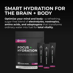 BrainTree Focus + Hydration berry packet dissolving in water for steady hydration
